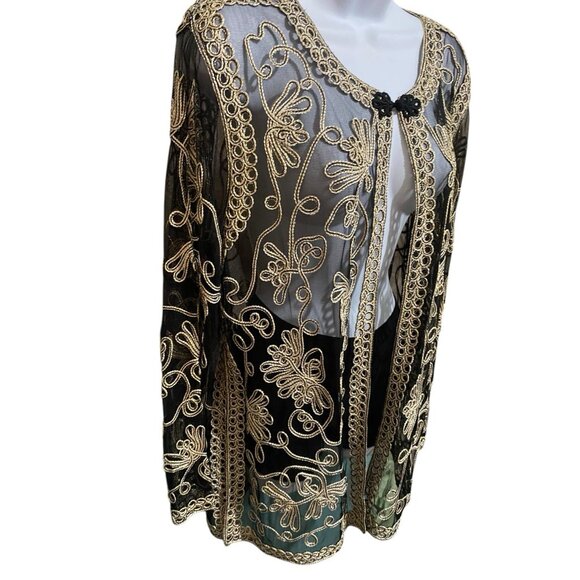 Vtg ISC Womens Blazer Sleeveless Shell L Silk Embroidered Metallic Black Tunic - Picture 11 of 16